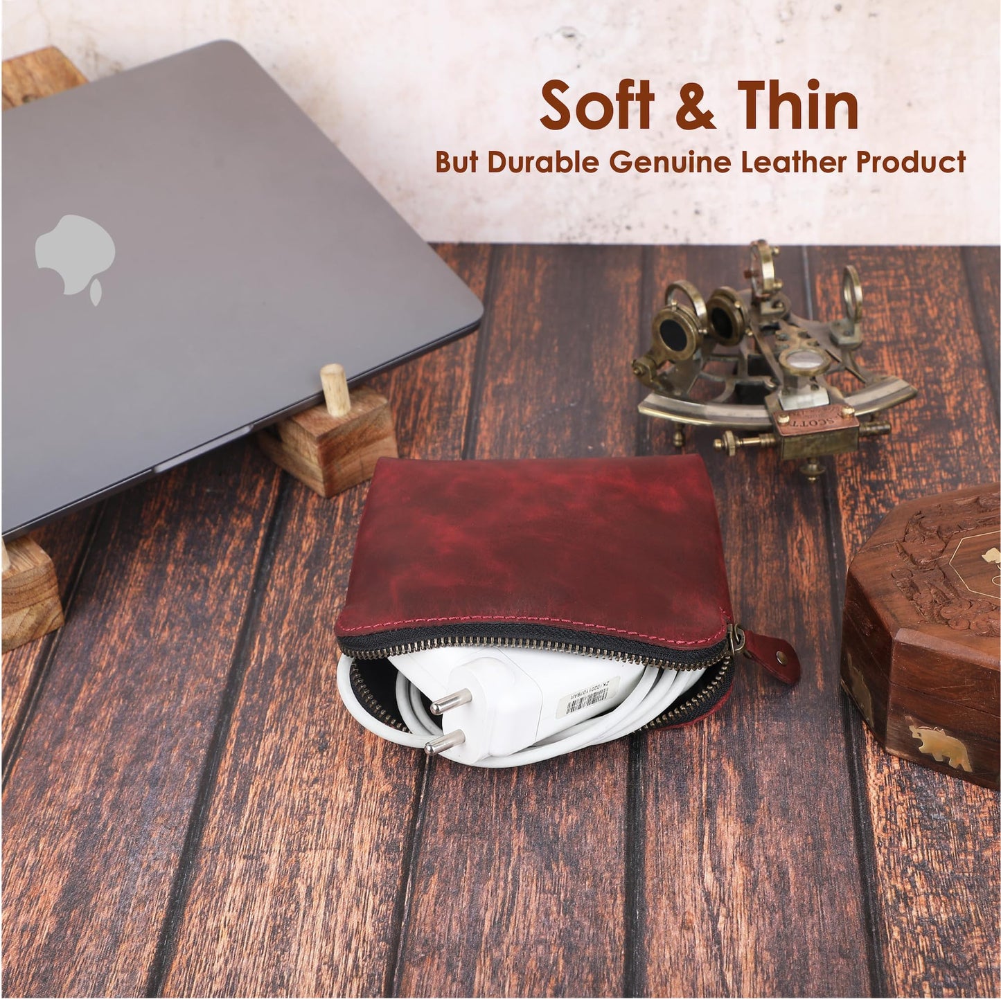 The Antiq Cosmetic Case, Leather Cosmetic Bag, Zipper Coin Pouch, Make-up Bag with Zipper Clousure (Red)