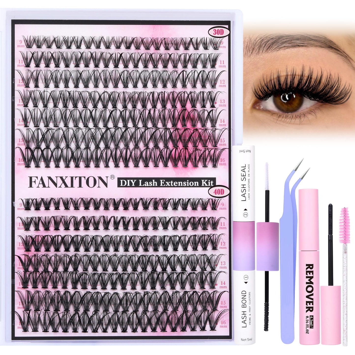 DIY Lash Extension Kit Natural Lash Clusters 30D+40D Mix 9-16mm D Curl lndividual Lashes Lash Remover 280pcs Wispy Eyelash Extension Kit with Lash Bond and Seal and Lash Tweezers by FANXITON