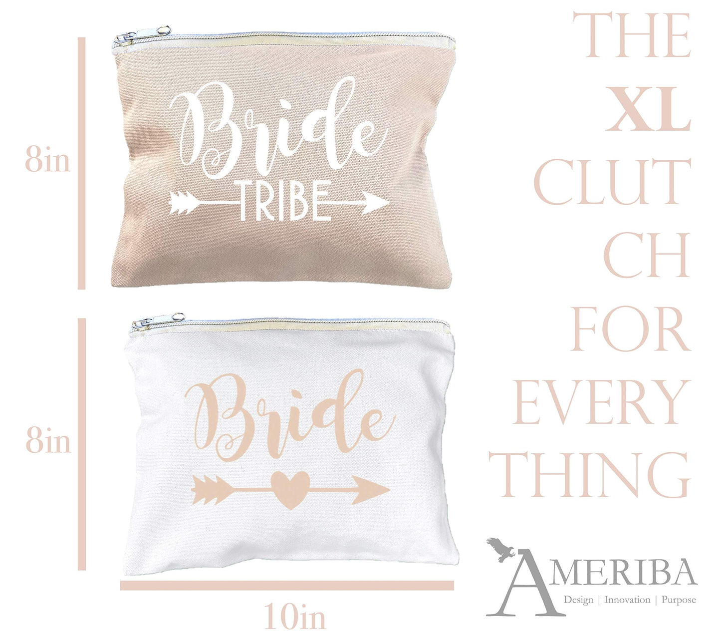 12 Pack Set + 1 Bride Bag | AMERIBA Premium Natural Cotton Canvas Makeup Bag- Bridesmaids Gifts for The Bachelorette Party or Bridal Shower (White & Soft Peach)