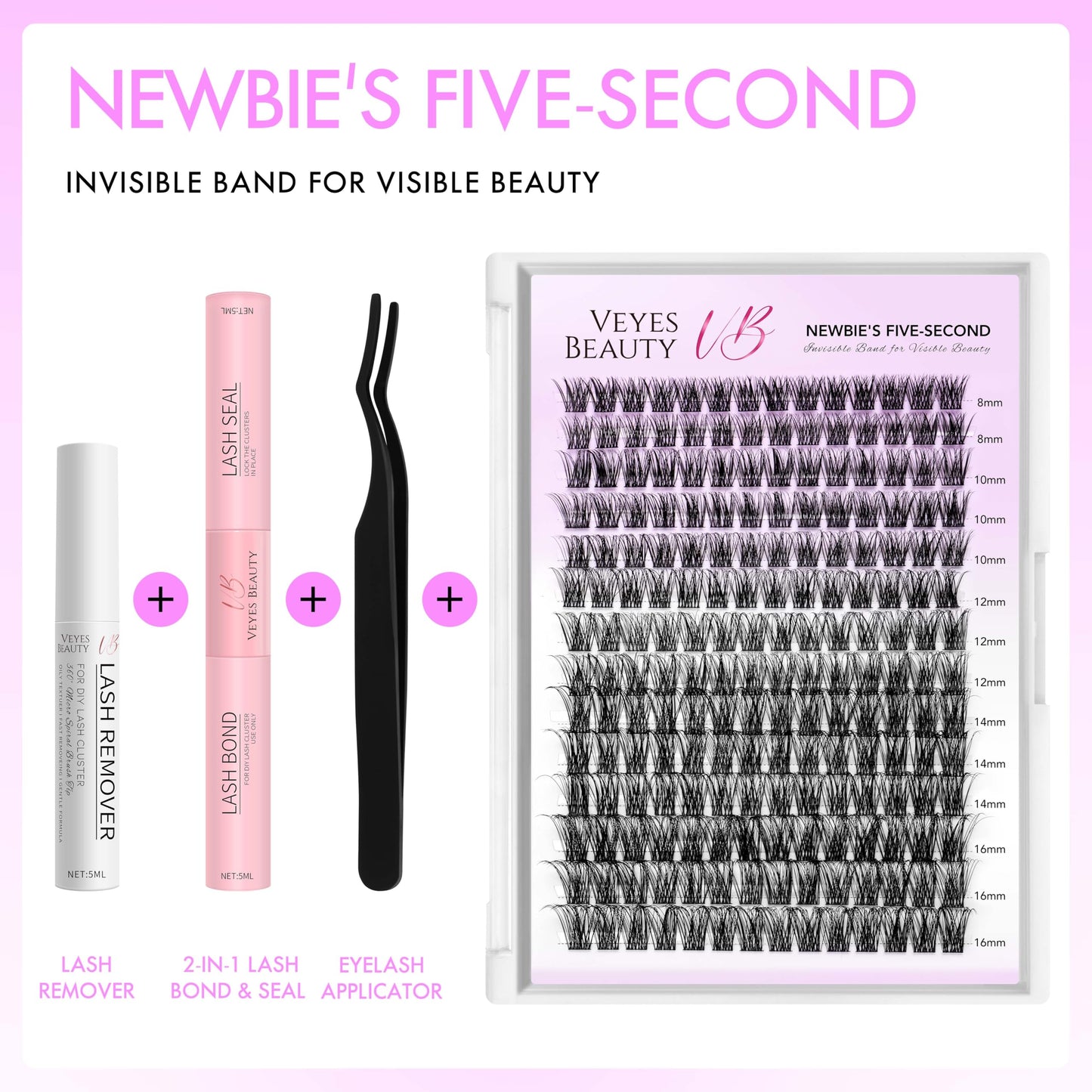 VEYESBEAUTY Lash Clusters Kit Individual Eyelash Extensions Thin & Invisible Band DIY False Eyelashes Newbie's Five-Second Series Wispy Lash Tray, Boldeye KIT with Bond&Seal Remover Applicator