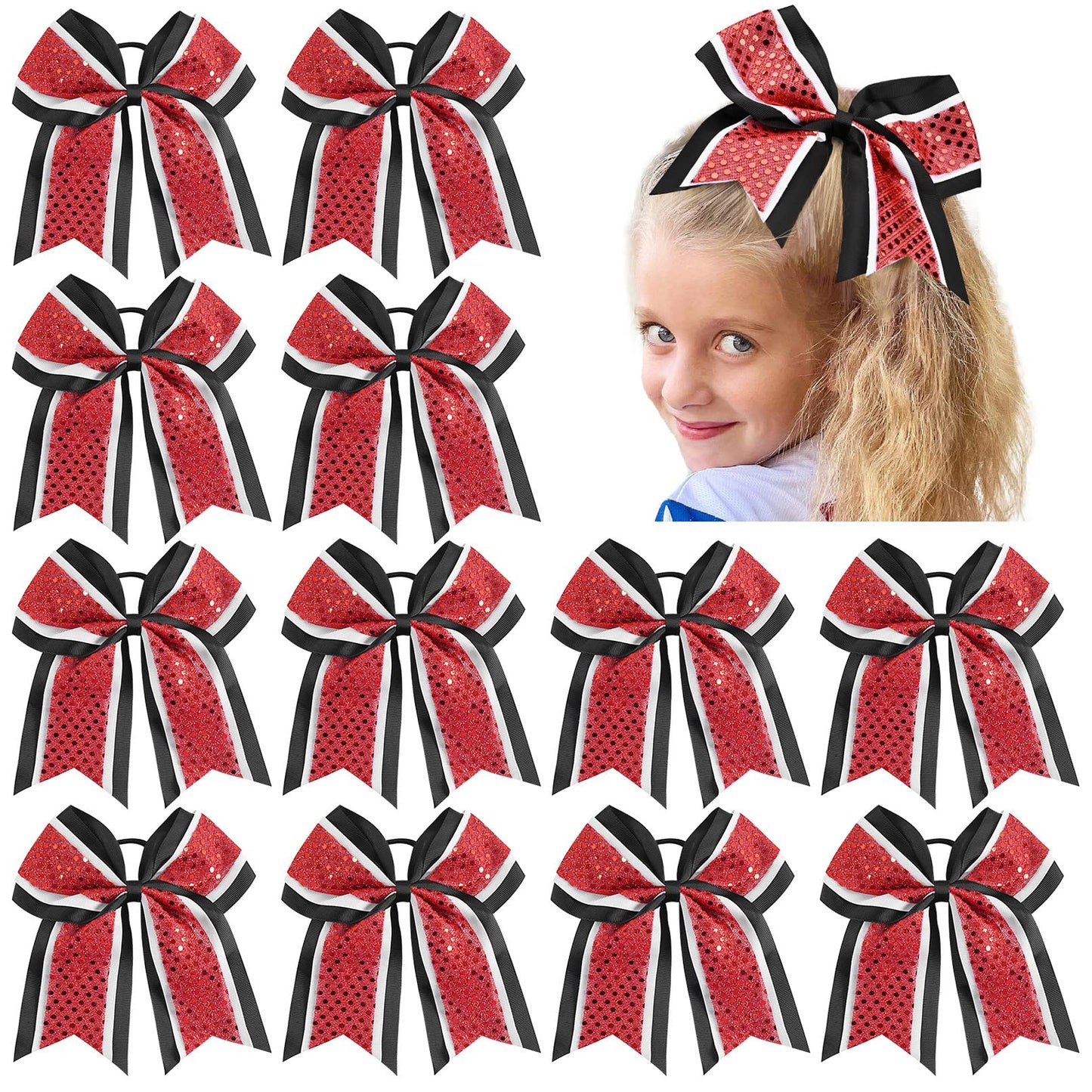 12 PCS 8" Large Glitter Cheer Bows Red Black Girl Hair Bows Sparkly Cheerleading Softball Team Bow Hair Accessories for cheerleaders football Competition Sports