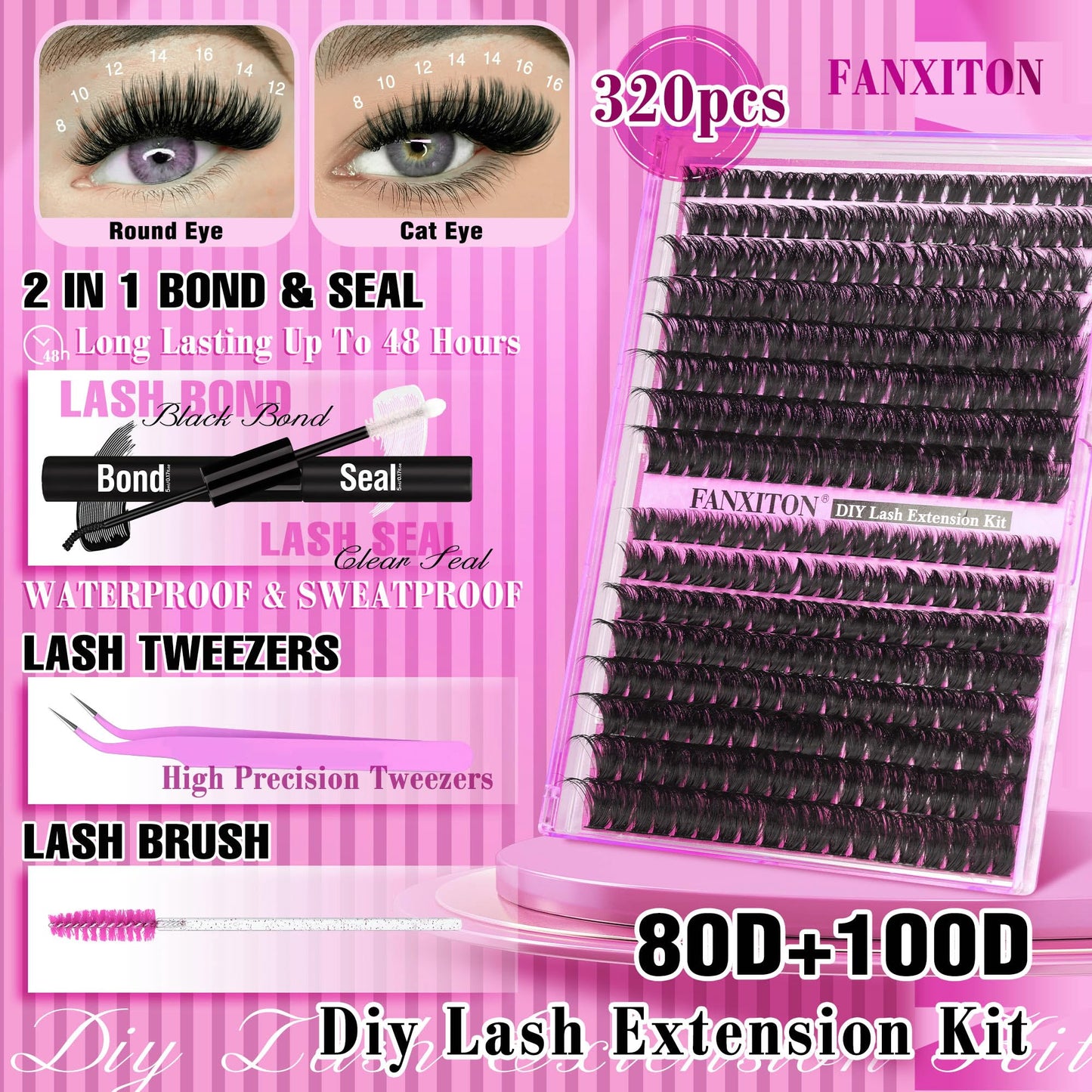 DIY Lash Extension Kit Volume Thick Lash Clusters 80D+100D 320pcs Individual Lashes D Curl Eyelash Extension Kit Lash Bond and Seal and Tweezers for Lash Clusters Kit DIY at Home