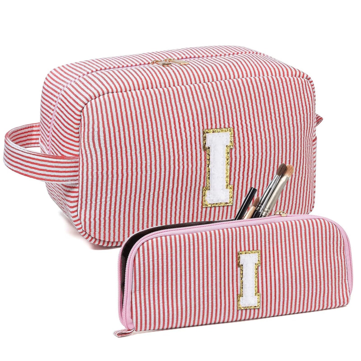 Avgiedy 2Pcs Makeup Bag, Cute Cosmetic Bag, Personalized Initial Preppy Large Capacity Travel Makeup Bag Organizer, Makeup Bag is for Mother, Wife, Friends Birthday, Valentine's Day Gifts-Pink