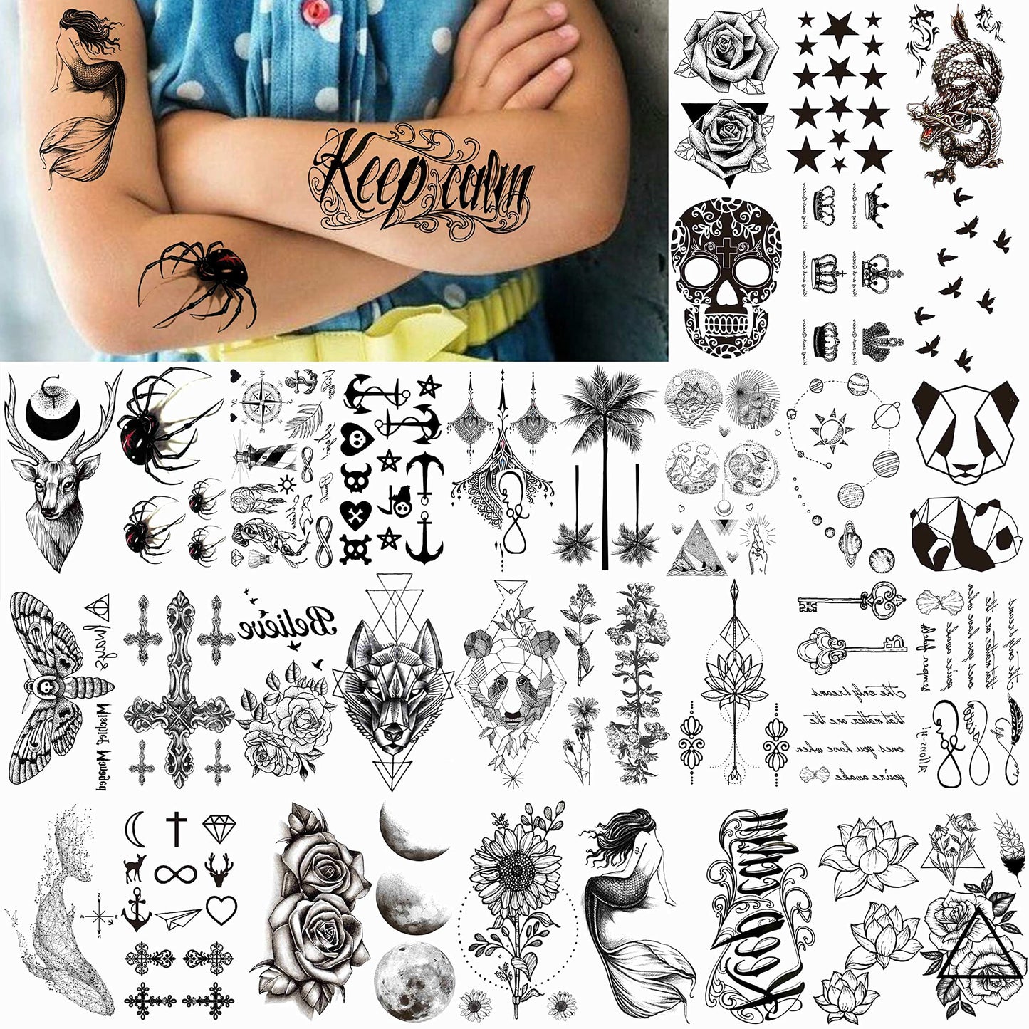 VANTATY 66 Sheets 3D Small Black Temporary Tattoos For Women Men Waterproof Fake Tattoo Stickers For Face Neck Arm Children Flower Birds Star Realistic Tatoo Kits For Boy Girls Adults