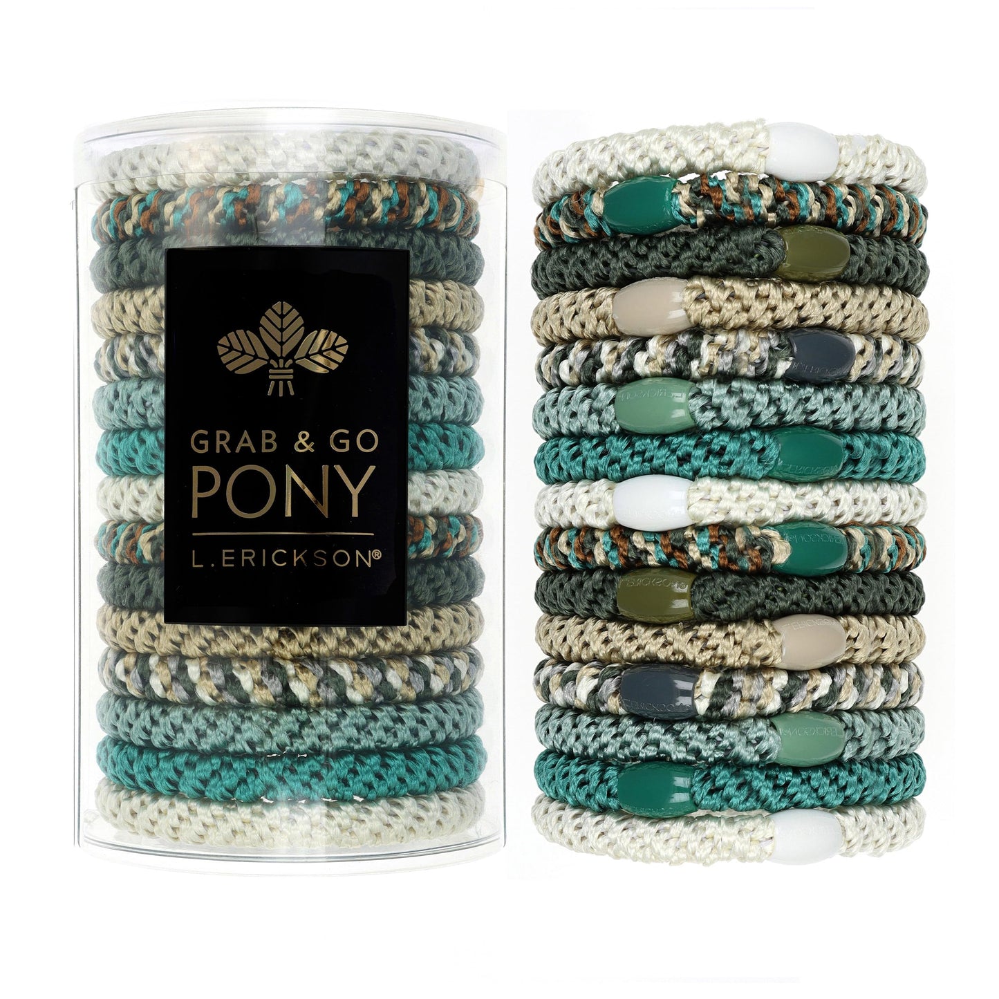 L. Erickson Grab & Go Pony Tube - Moss Green & Beige Mix - 15 Pack Ponytail Holder Hair Ties