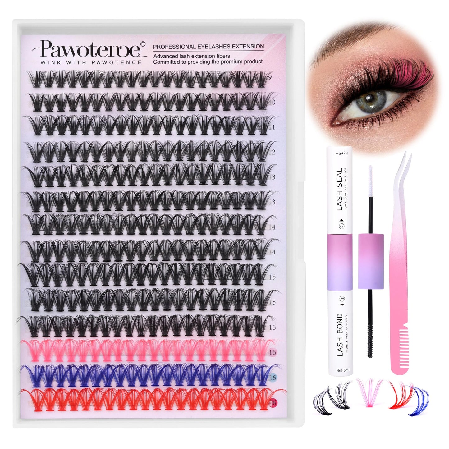 Pawotence Lash Extension Kit DIY Individual Lash Clusters Eyelash Extension Kit 9-16mm Lash Clusters Colored with Lash Bond and Seal Lash Tweezers for Self Application(40D-9-16MIX COLOR KIT)