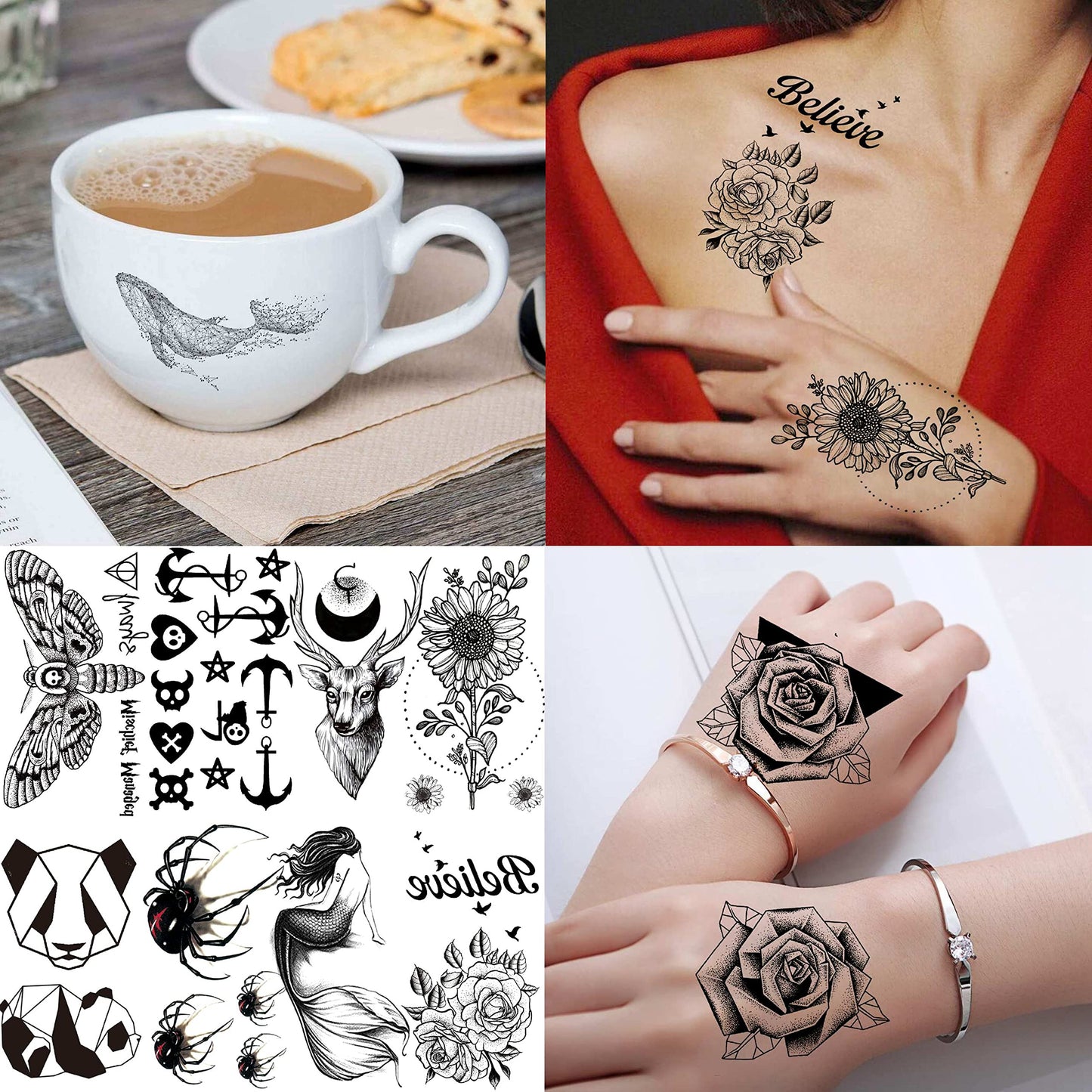 VANTATY 66 Sheets 3D Small Black Temporary Tattoos For Women Men Waterproof Fake Tattoo Stickers For Face Neck Arm Children Flower Birds Star Realistic Tatoo Kits For Boy Girls Adults