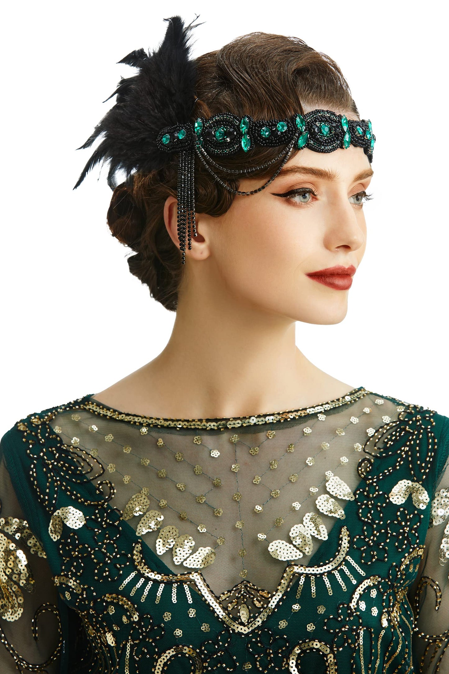 BABEYOND 1920s Flapper Headband Roaring 20s Gatsby Headpiece Black Feather Headband 1920s Flapper Hair Accessories (Dark Green)