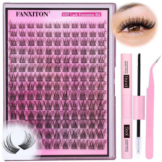 DIY Lash Extension Kit Natural Look Wispy Lash Clusters D Curl 154pcs Lashes Clusters 8-16mm Eyelash Extension Kit Lash Bond and Seal Lash Tweezers Individual Lashes Lash Cluster Kit For Beginners