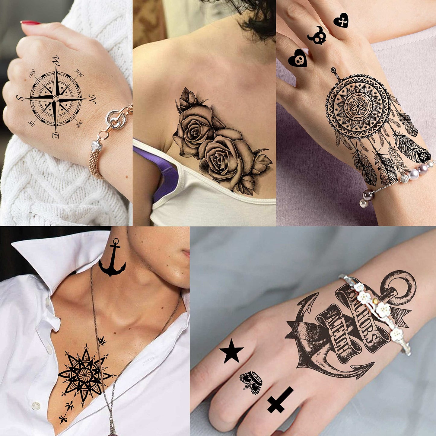 VANTATY 66 Sheets 3D Small Black Temporary Tattoos For Women Men Waterproof Fake Tattoo Stickers For Face Neck Arm Children Flower Birds Star Realistic Tatoo Kits For Boy Girls Adults