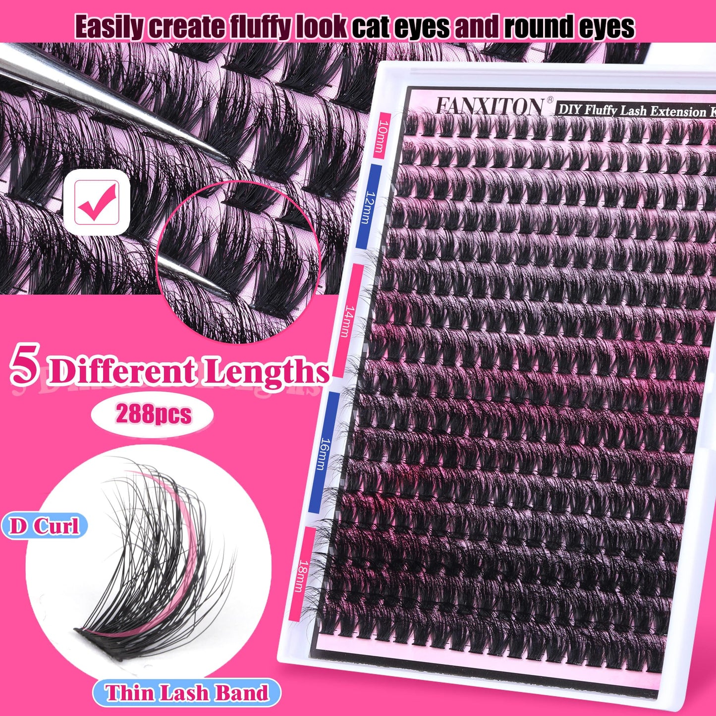 FANXITON DIY Lash Extension Kit Fluffy Lash Clusters 288pcs Thick Lash Clusters Kit D Curl 10-18mm Cluster Eyelash Extension Kit with Lash Bond and Seal Lash Tweezers Individual Lashes For Beginners