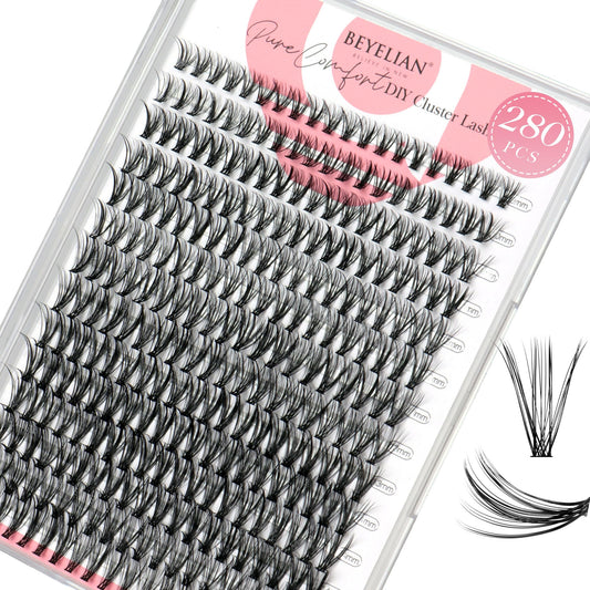 BEYELIAN Lashes Clusters D Curl 280pcs 10-16mm Cluster Lashes Dense Look DIY Eyelash Extensions Super Thin Band & Soft Lashes Reusable Mixed Tray Volume False Lashes (30+40D)