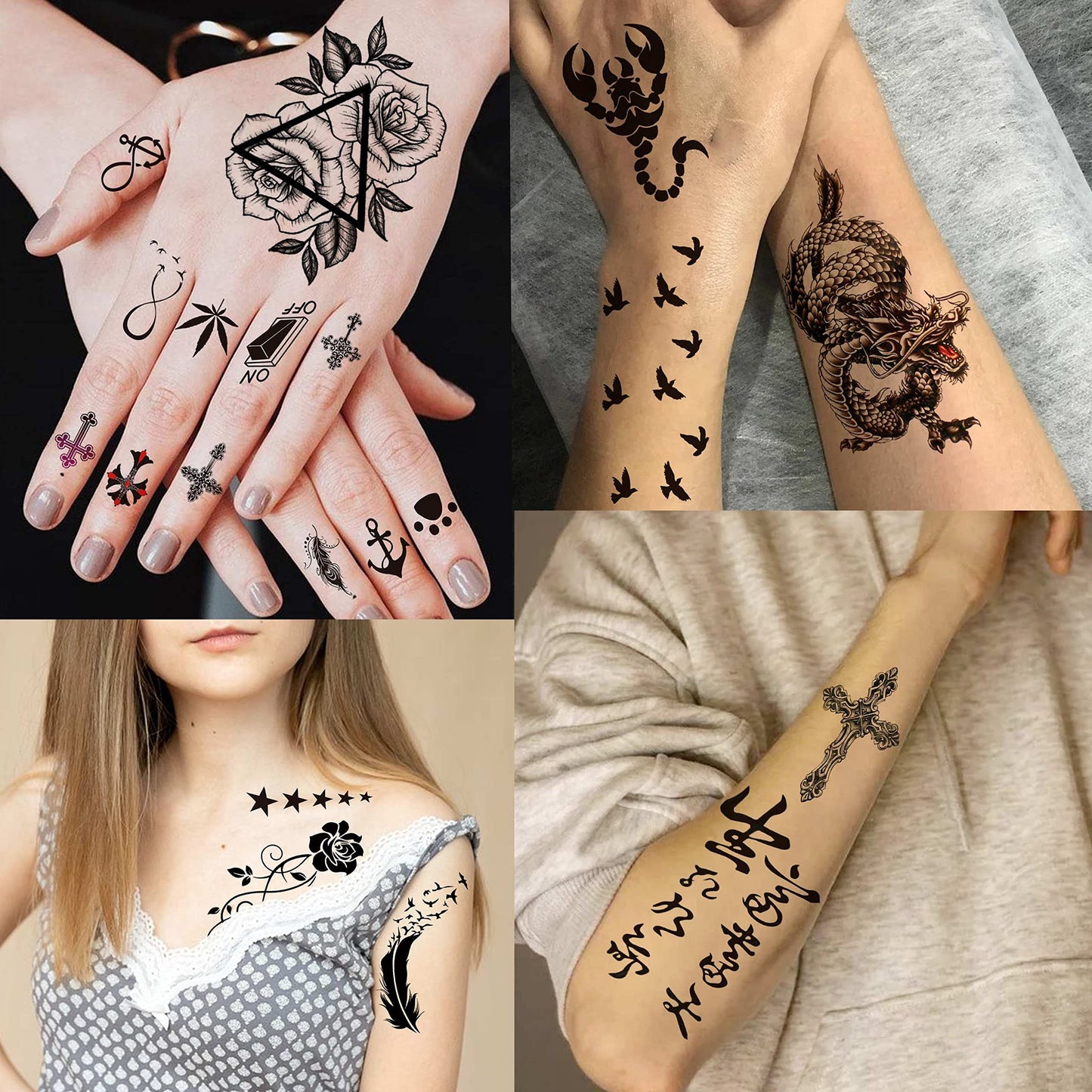 VANTATY 66 Sheets 3D Small Black Temporary Tattoos For Women Men Waterproof Fake Tattoo Stickers For Face Neck Arm Children Flower Birds Star Realistic Tatoo Kits For Boy Girls Adults