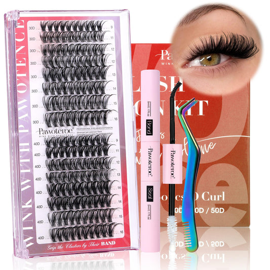 Pawotence DIY Lash Extension Kit Individual Lash Clusters D Curl 9-16mm Eyelash Extension Kit with Lash Bond and Seal and Lash Tweezer for Self Application at Home (30D+40D-0.07D-9-16MIX PORTABLE KIT)