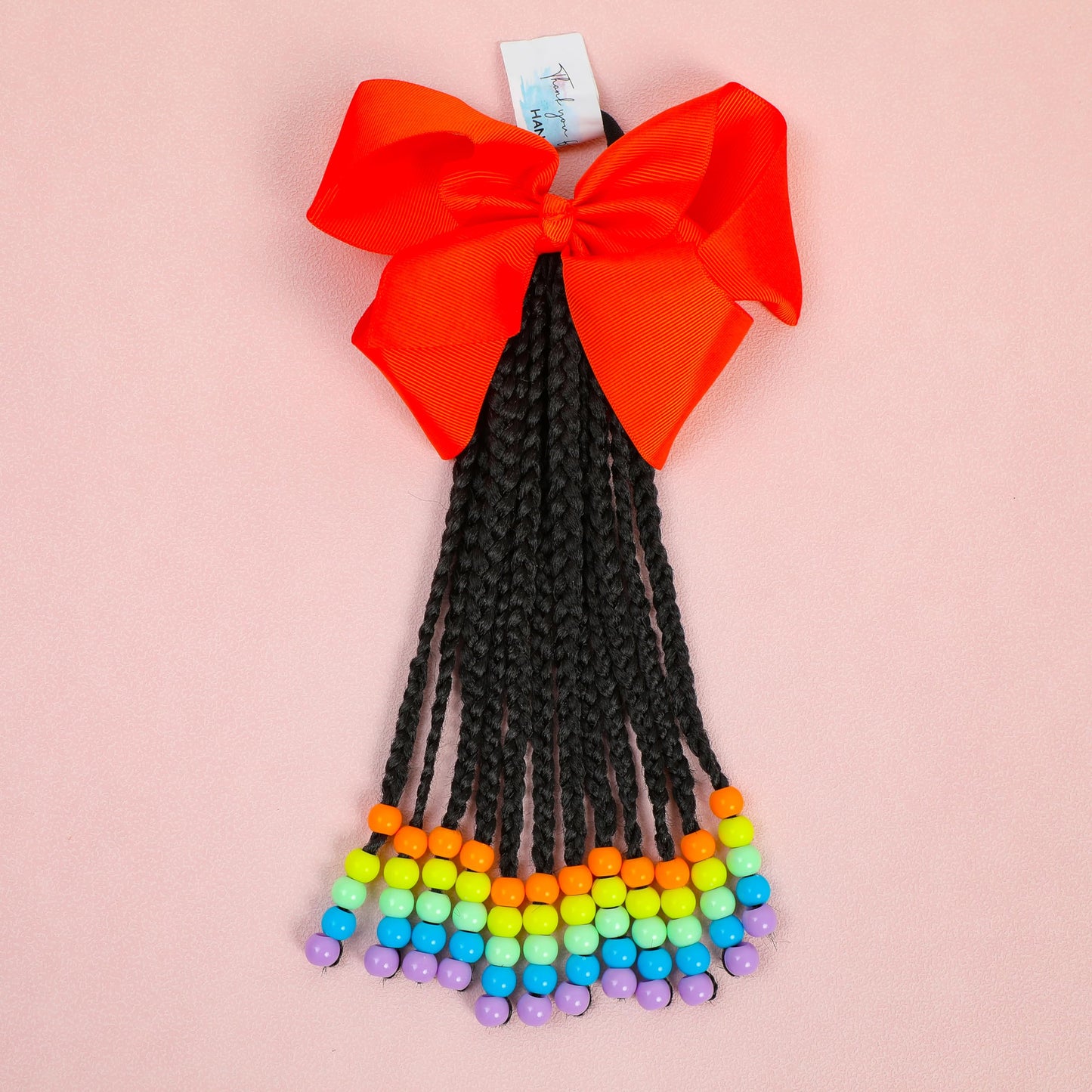 Kids Ponytail With Beads Braids Hair Extension Detachable Synthetic Curly Hairpieces With Bows Halloween Hair Accessories For Girls Toddlers Children Gift (Box-9inch, Rainbow Beads)