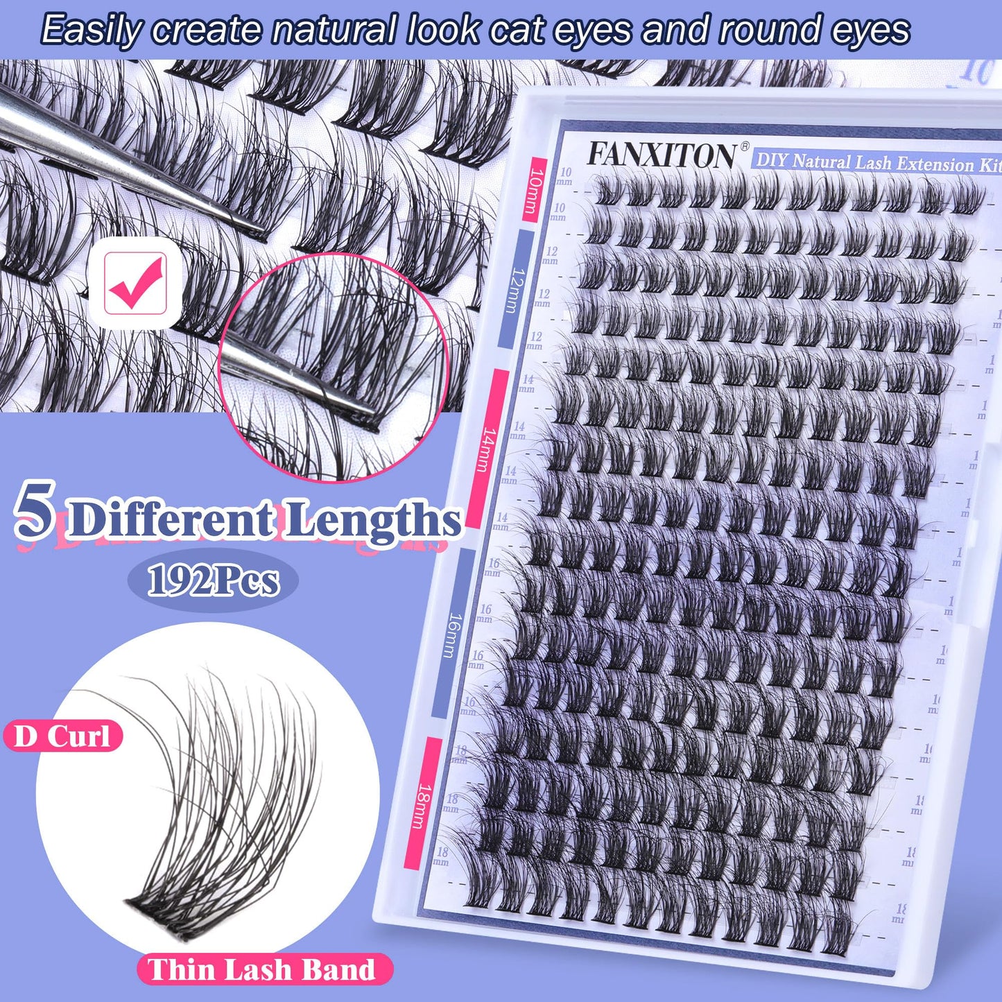 FANXITON Natural Lash Extension Kit Fluffy D Curl Lash Clusters 288pcs 10-18mm Mix DIY Eyelash Extension Kit with Lash Bond and Seal Lash Tweezers Individual Lashes For Beginners