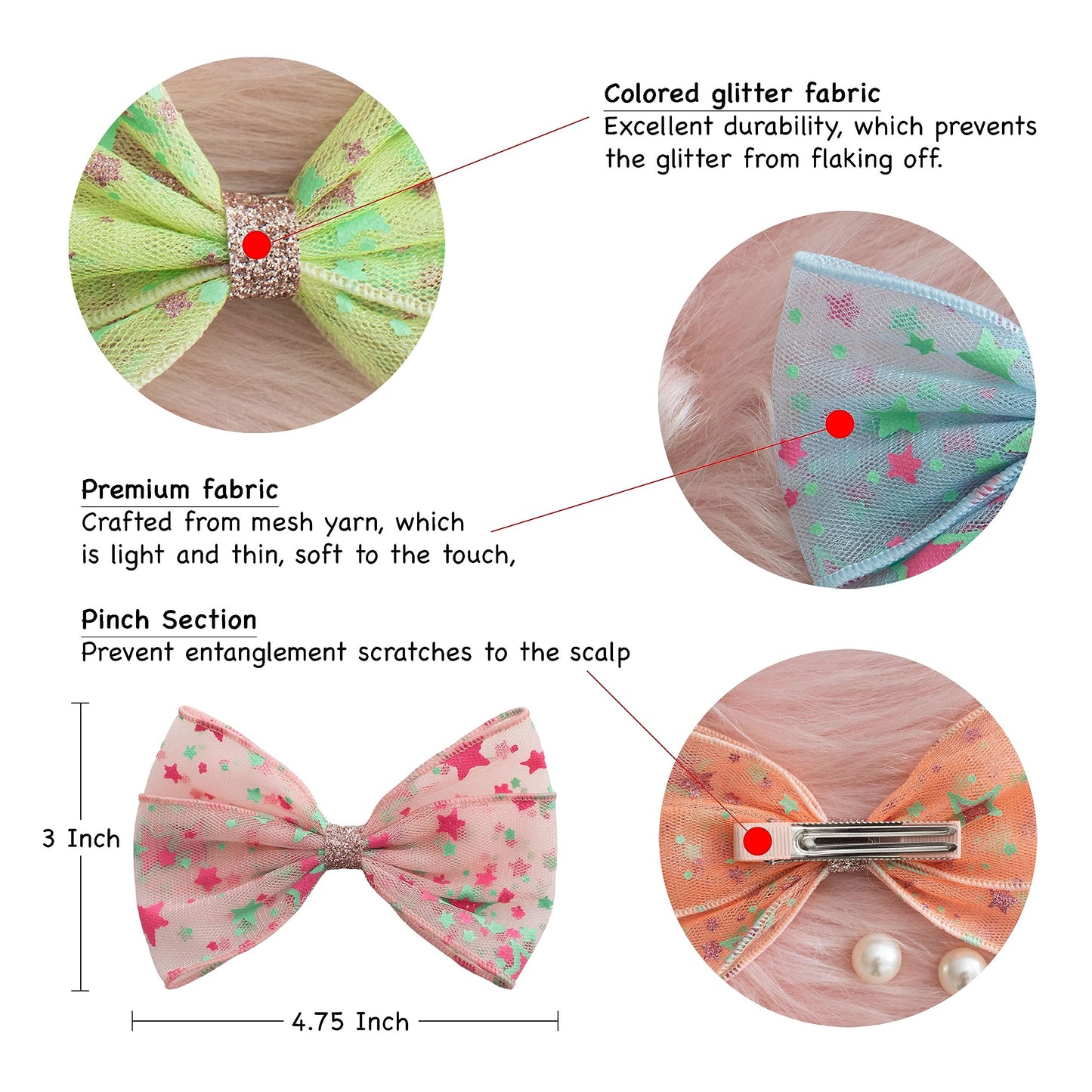 Summer Crystal 3Pcs Stars Tulle Large Bow Hair Clip - For Girls and Women - Ideal Hair Accessory for Birthdays, Daily Wear, Holidays, and Parties (3Pcs Stars Tulle BOP)