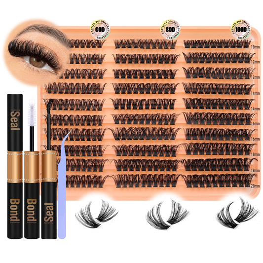 JIMIRE 300Pcs Lash Extension Kit 60D+80D+100D Thick Mink Eyelash Extension Kit with Lash Bond and Seal and Tweezers Fluffy D Curl 10-18MM Lash Clusters Kit DIY Individual Lashes Beginners Friendly