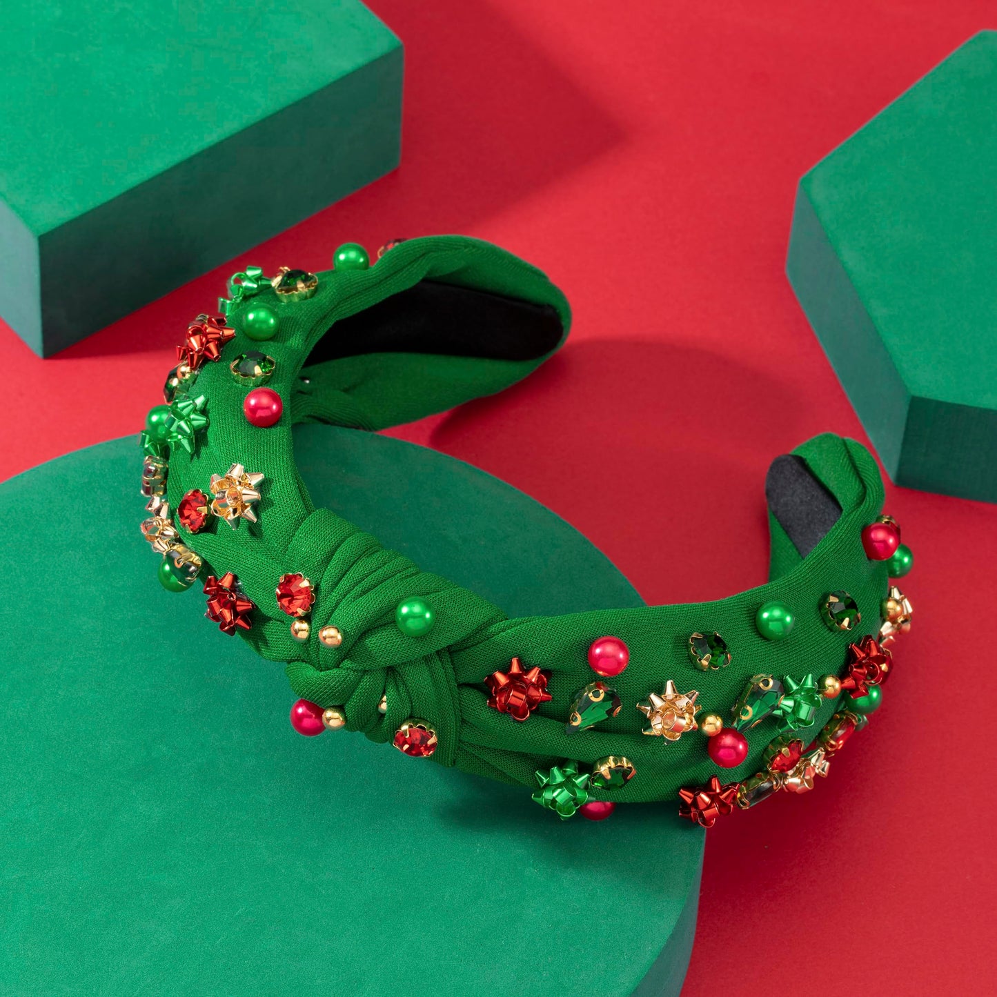 Mixcbe Christmas Bow Green Headband for Women Xmas Red Green Crystal Pearl Jeweled Knotted Headband Xmas Red Green Sparkly Rhinestone Wide Top Knot Headband Hair Accessories Gifts（Xmas-green