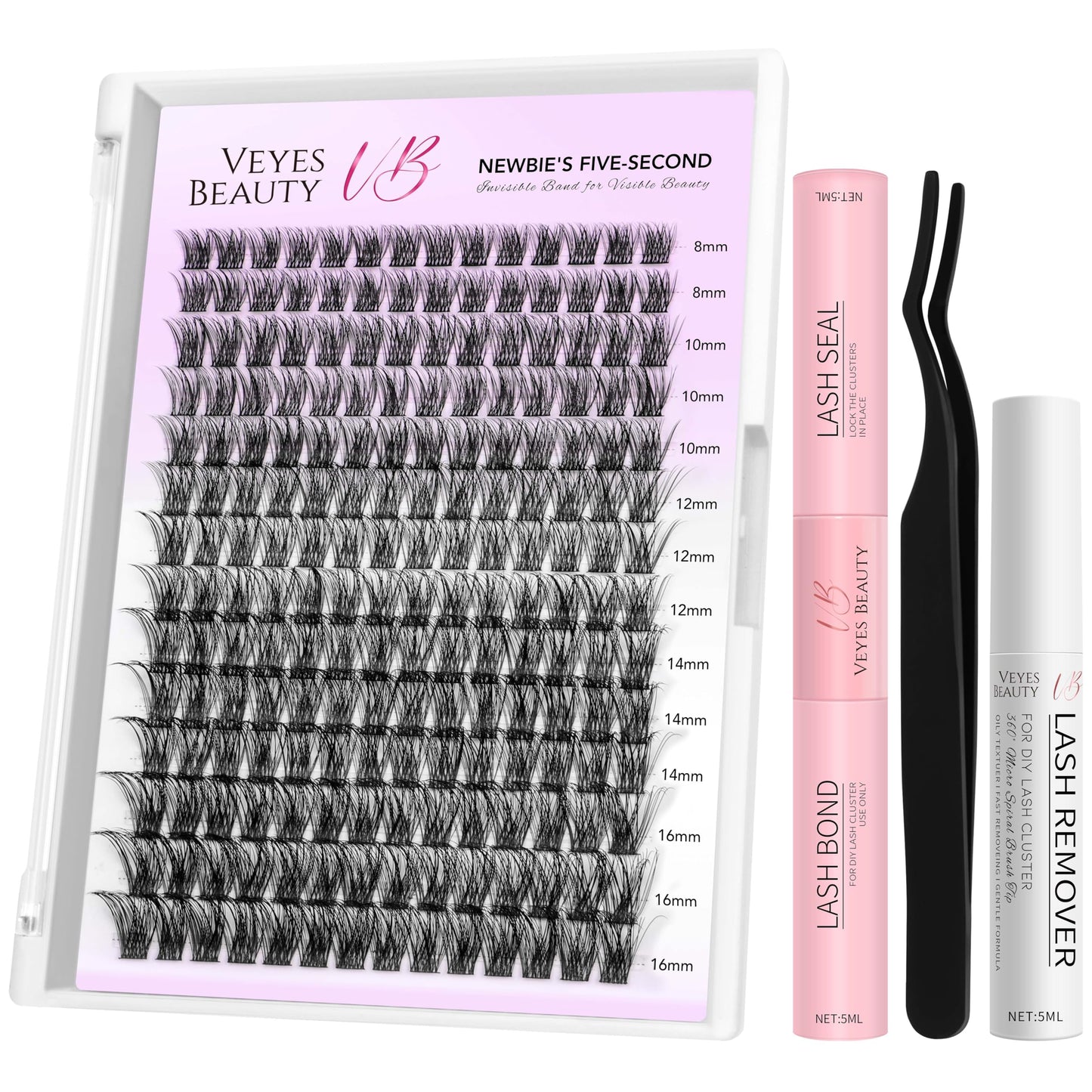 VEYESBEAUTY Lash Clusters Kit Individual Eyelash Extensions Thin & Invisible Band DIY False Eyelashes Newbie's Five-Second Series Wispy Lash Tray, Boldeye KIT with Bond&Seal Remover Applicator