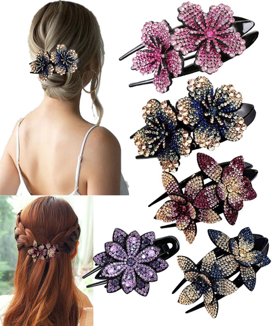 5 PCS Double Flower Rhinestone Hair Clip Elegant hair Accessories Long Hair Adult Hair Jewelry For Women Crystal Thick Hairpin