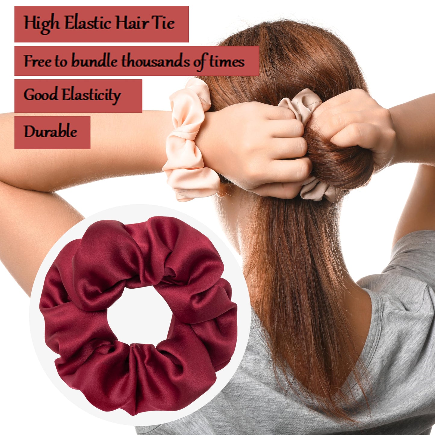 MurierSilk Silk Hair Scrunchies 100% Pure Mulberry Silk Hair Tie for Women Grils, Silk Elastic Ponytail Holder Hair Accessories, Silk Hair Wrap Prevents Hair From Frizz And Breakage (Red)