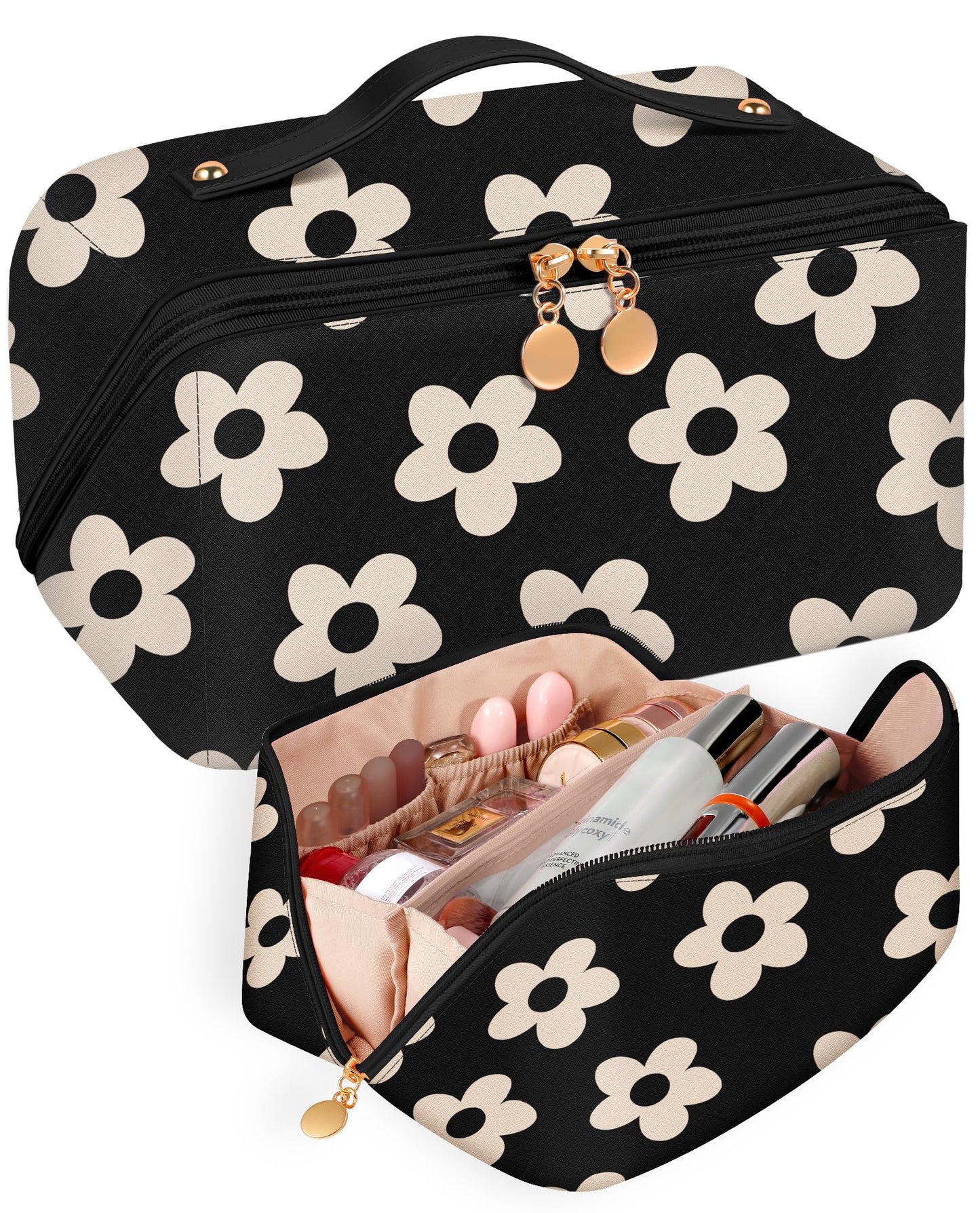 Bistup Makeup Bag Travel Cosmetic Bag Toiletry Make Up Bags Cute Women Large Capacity Big Medium Leather Black Flower Floral Aesthetic Girl Teen Teenage Square Foldable Expandable Open Flat Zip