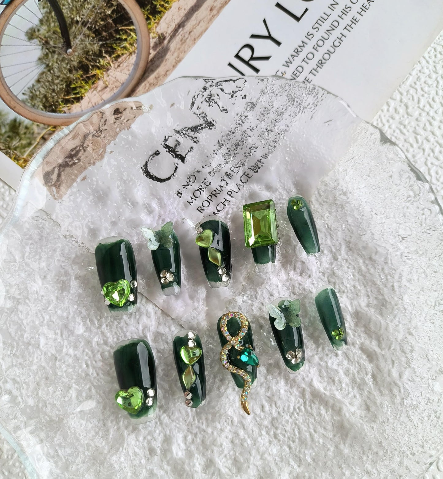 Handmade 10pcs Press on Nails Ballerina Coffin Almond Oval, Fake Nails for Women, Fit & Natural, Stick on Nails Acrylic Reusable Nails, False Nails with Toolkit (Medium, Green Snake Diamond)