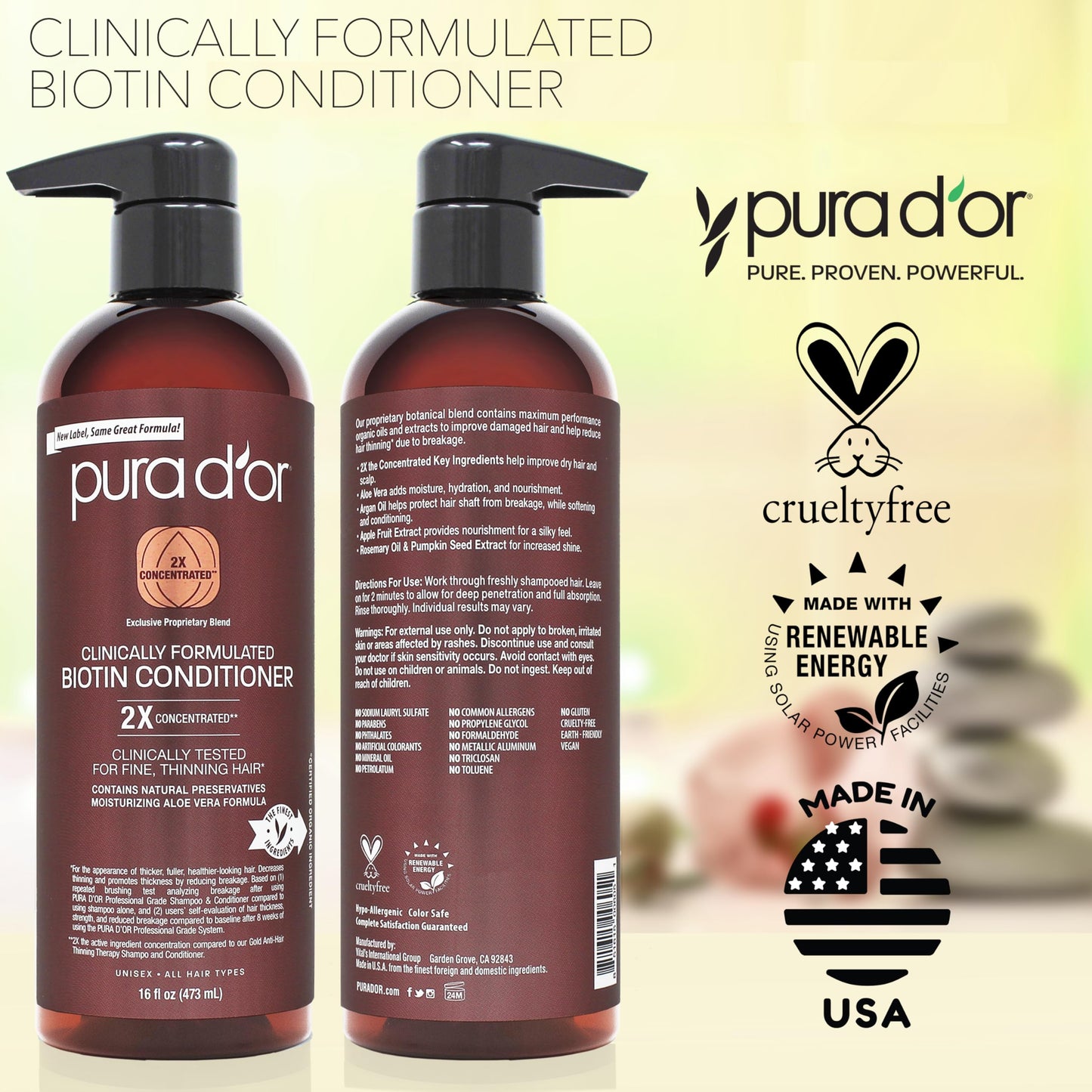 PURA D'OR 16 Oz Professional Grade Clinically Formulated Biotin Conditioner - Daily Hair Care Routine For Thinning Hair - 2X Concentrated DHT Blocker Hair Thickening Products For Women & Men