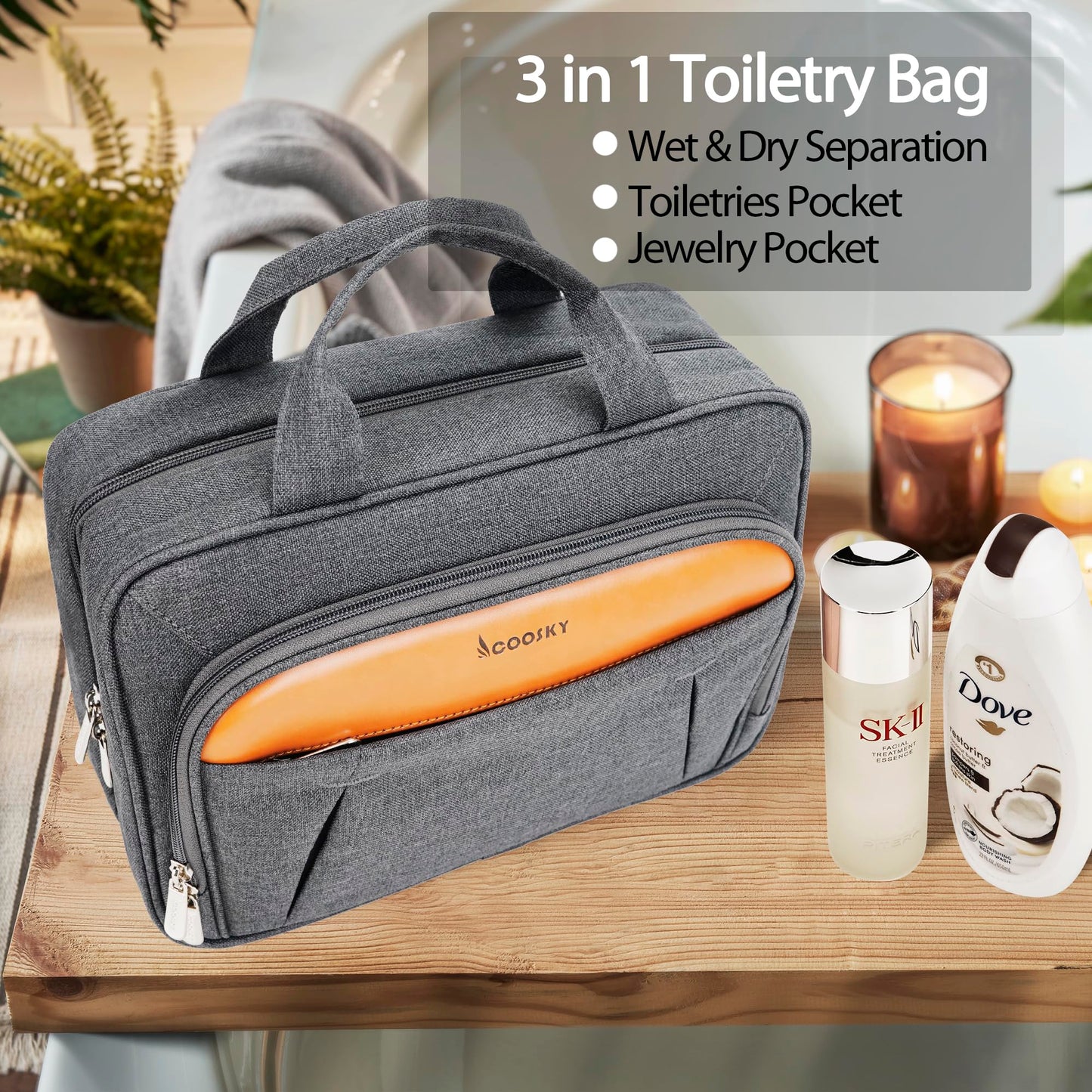 Travel Toiletry Bag for Women and Men, with Jewelry Organizer Compartment and Waterproof pocket, Hanging Makeup Accessories, Cosmetic Essentials, Toiletries Dopp Kit Set with Trolley Belt, Dark Grey