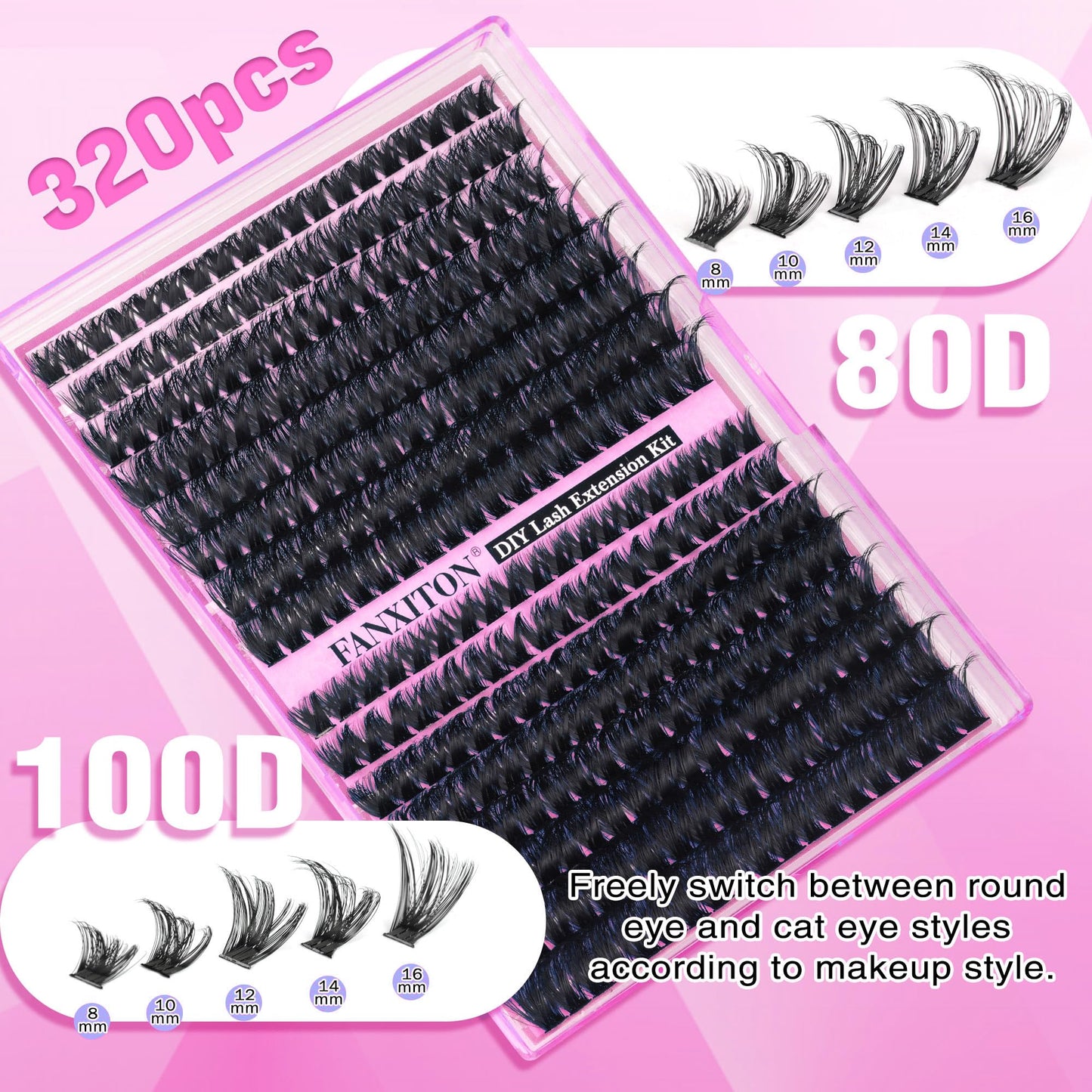 DIY Lash Extension Kit Volume Thick Lash Clusters 80D+100D 320pcs Individual Lashes D Curl Eyelash Extension Kit Lash Bond and Seal and Tweezers for Lash Clusters Kit DIY at Home