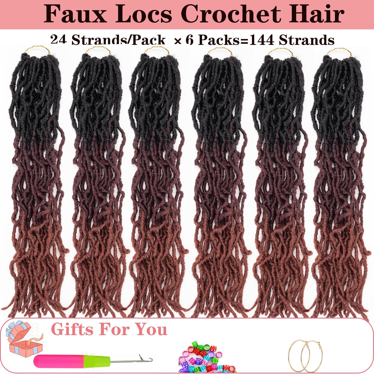 Faux Locs Crochet Hair Soft Locs Hair Long 24 Inch 6 Packs Ombre Goddess Locs Crochet Braids Black/Burgundy/Orange Pre Looped Dreads Braiding Hair(24",6packs,T1B/530/350#)