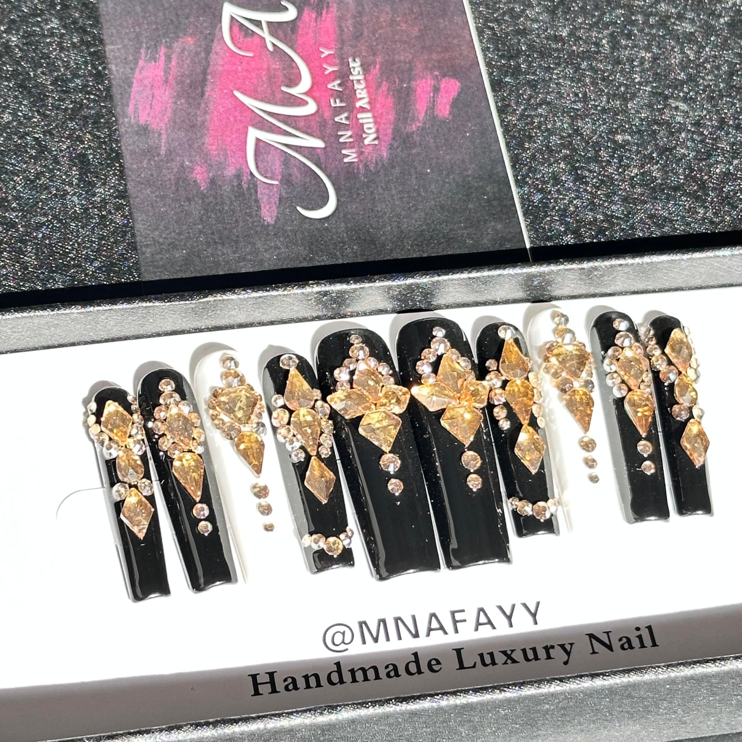 MNAFAYY 100% Handmade Nails 3D Rhinestone Crystal Extra Long Press On Nails Full Cover Luxury Gems Gorgeous Reusable UV Finished Fake False Nails Acrylic Nail Kit With Box Gifts for Women Black M