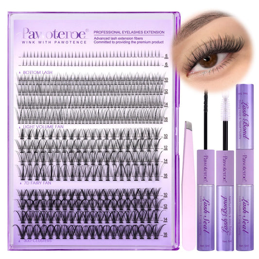 Pawotence Lash Extension Kit Lash Clusters Multi-types Individual Lashes Natural Bottom, Light Volume, 20D 30D Clusters Eyelash Extension Kit with Lash Bond and Seal, Lash Applicator for Self Use