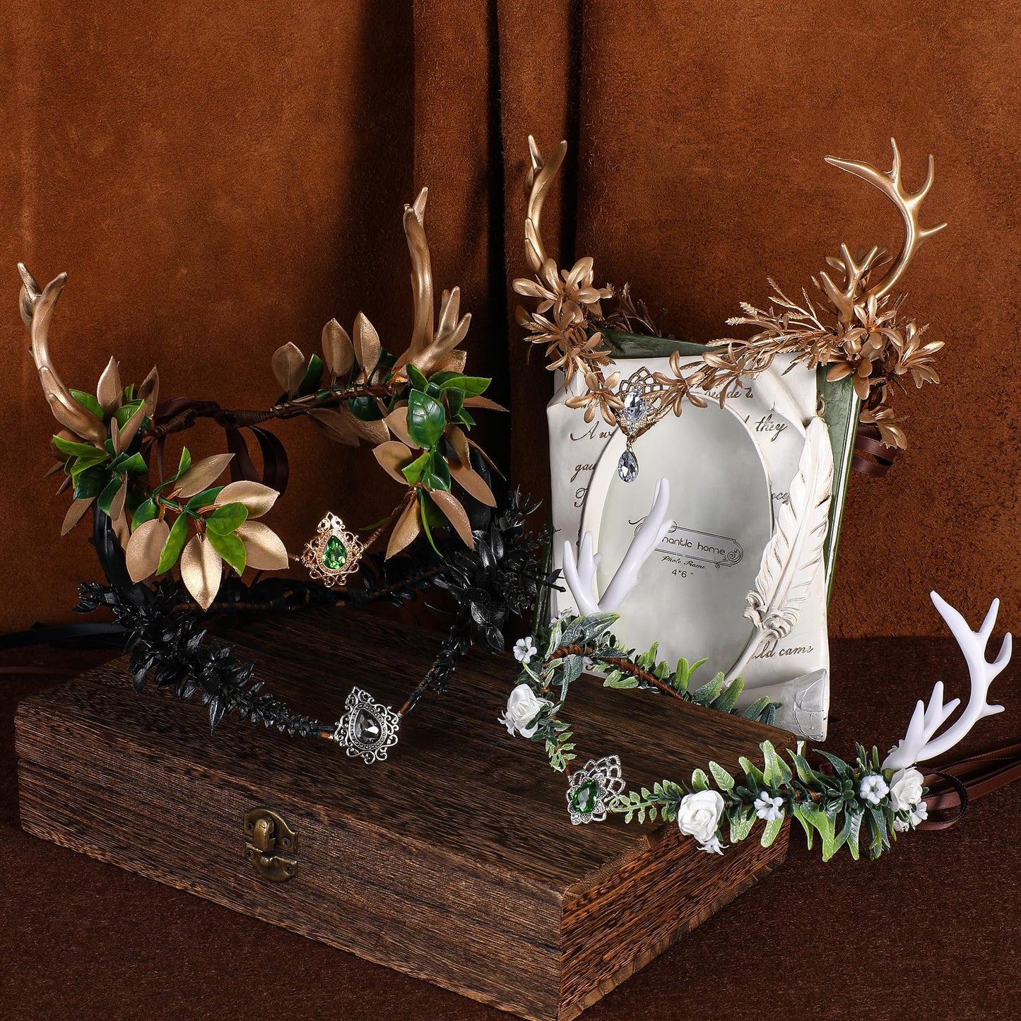 MOSTORY Woodland Fairy Antler Crown - Forest Elf Crown Fairy Headband Flower Deer Horns Crown for Women Renaissance Cosplay Ren Faire Costume Photo Shoot