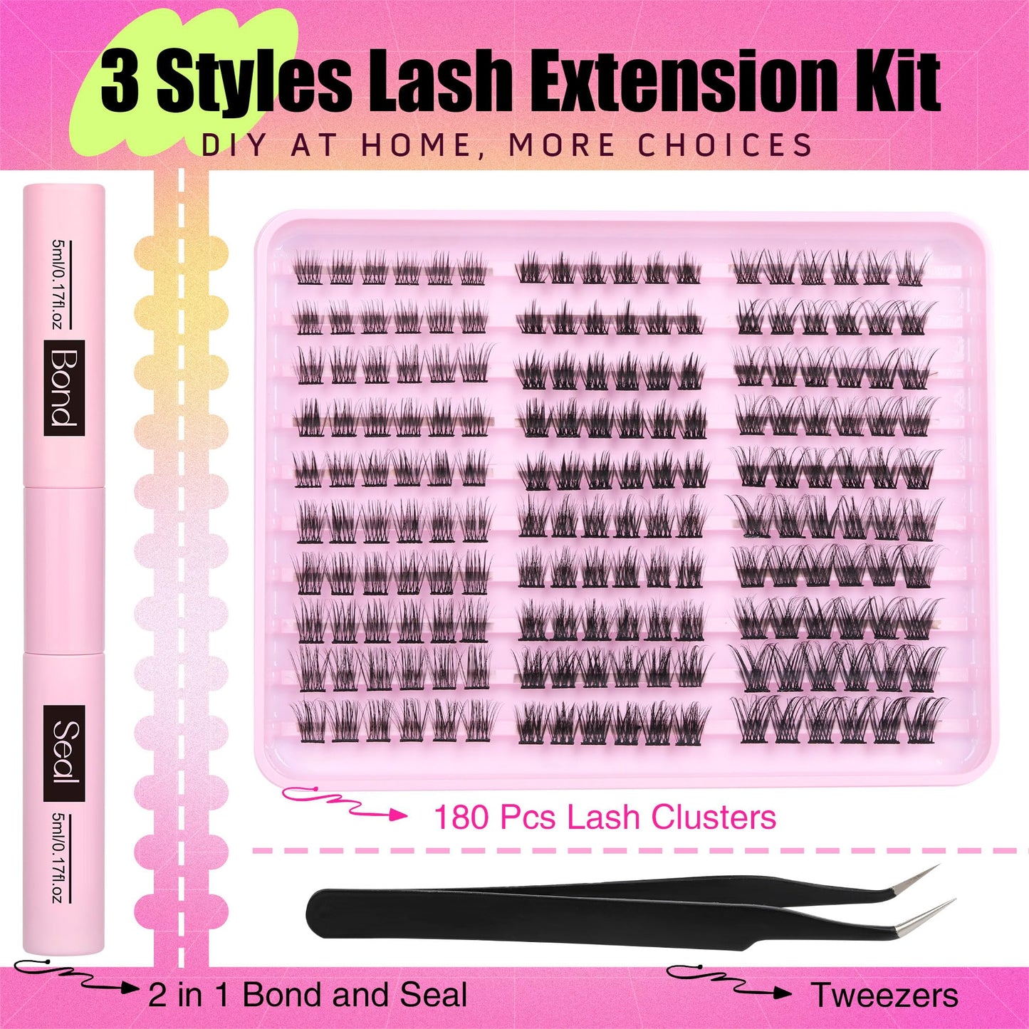 Lash Extension Kit 3 Style Cluster Lashes Natural Look Wispy Eyelash Extension Kit 180 Pcs Lash Clusters Kit Individual Lashes with Bond and Seal and LashTweezers (3 Styles)