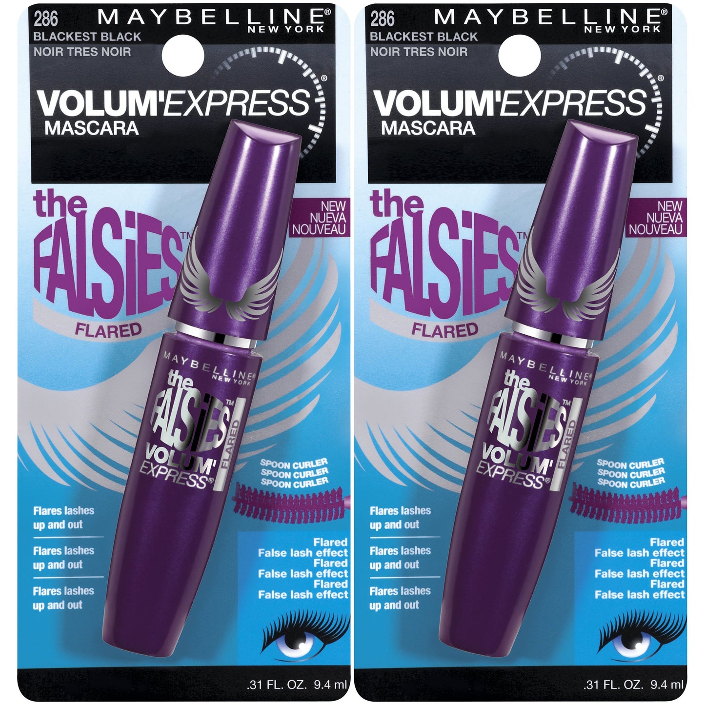 Maybelline Makeup Volum' Express The Falsies Flared Washable Mascara, Blackest Black, 2 Count