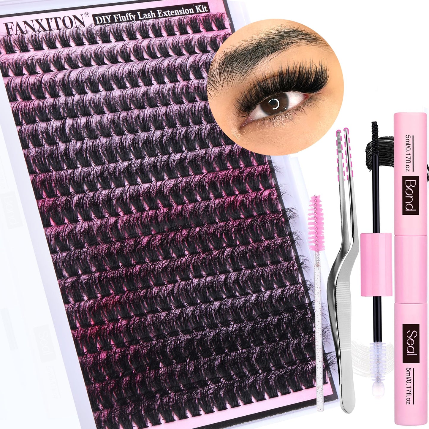 FANXITON DIY Lash Extension Kit Fluffy Lash Clusters 288pcs Thick Lash Clusters Kit D Curl 10-18mm Cluster Eyelash Extension Kit with Lash Bond and Seal Lash Tweezers Individual Lashes For Beginners