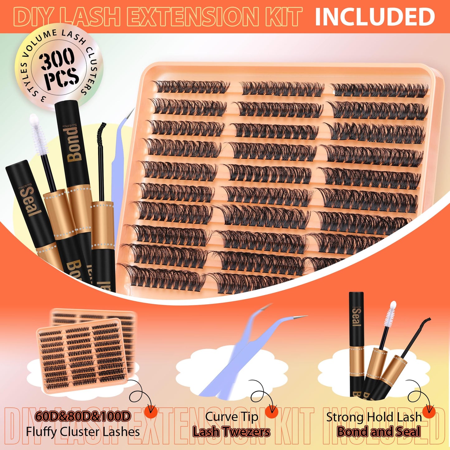 JIMIRE 300Pcs Lash Extension Kit 60D+80D+100D Thick Mink Eyelash Extension Kit with Lash Bond and Seal and Tweezers Fluffy D Curl 10-18MM Lash Clusters Kit DIY Individual Lashes Beginners Friendly