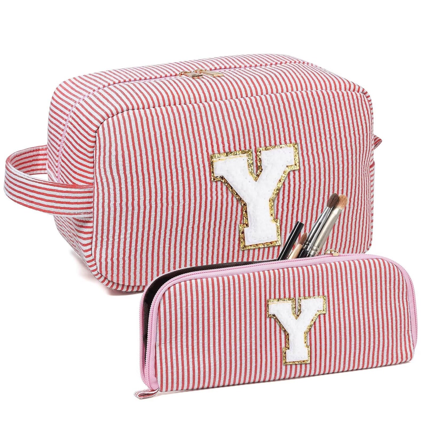 Avgiedy 2Pcs Makeup Bag, Cute Cosmetic Bag, Personalized Initial Preppy Large Capacity Travel Makeup Bag Organizer, Makeup Bag is for Mother, Wife, Friends Birthday, Valentine's Day Gifts-Pink