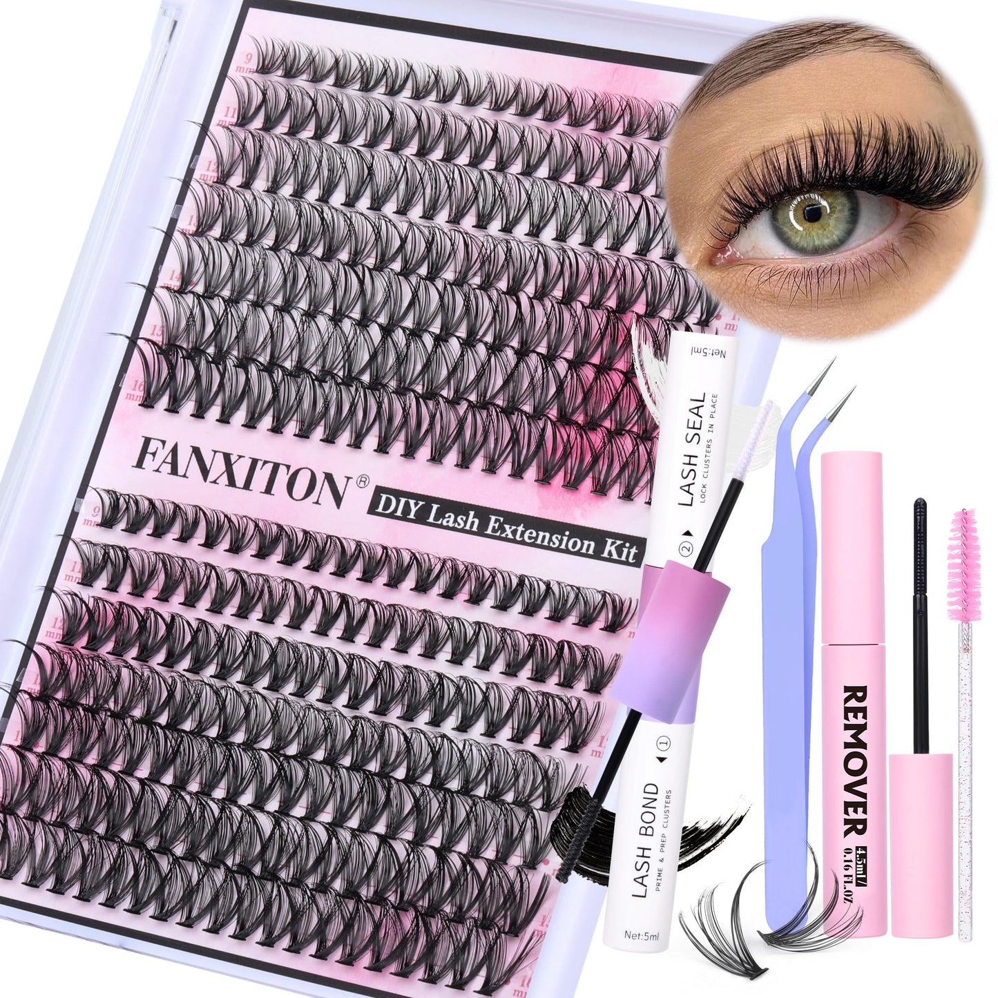 DIY Lash Extension Kit Natural Lash Clusters 30D+40D Mix 9-16mm D Curl lndividual Lashes Lash Remover 280pcs Wispy Eyelash Extension Kit with Lash Bond and Seal and Lash Tweezers by FANXITON