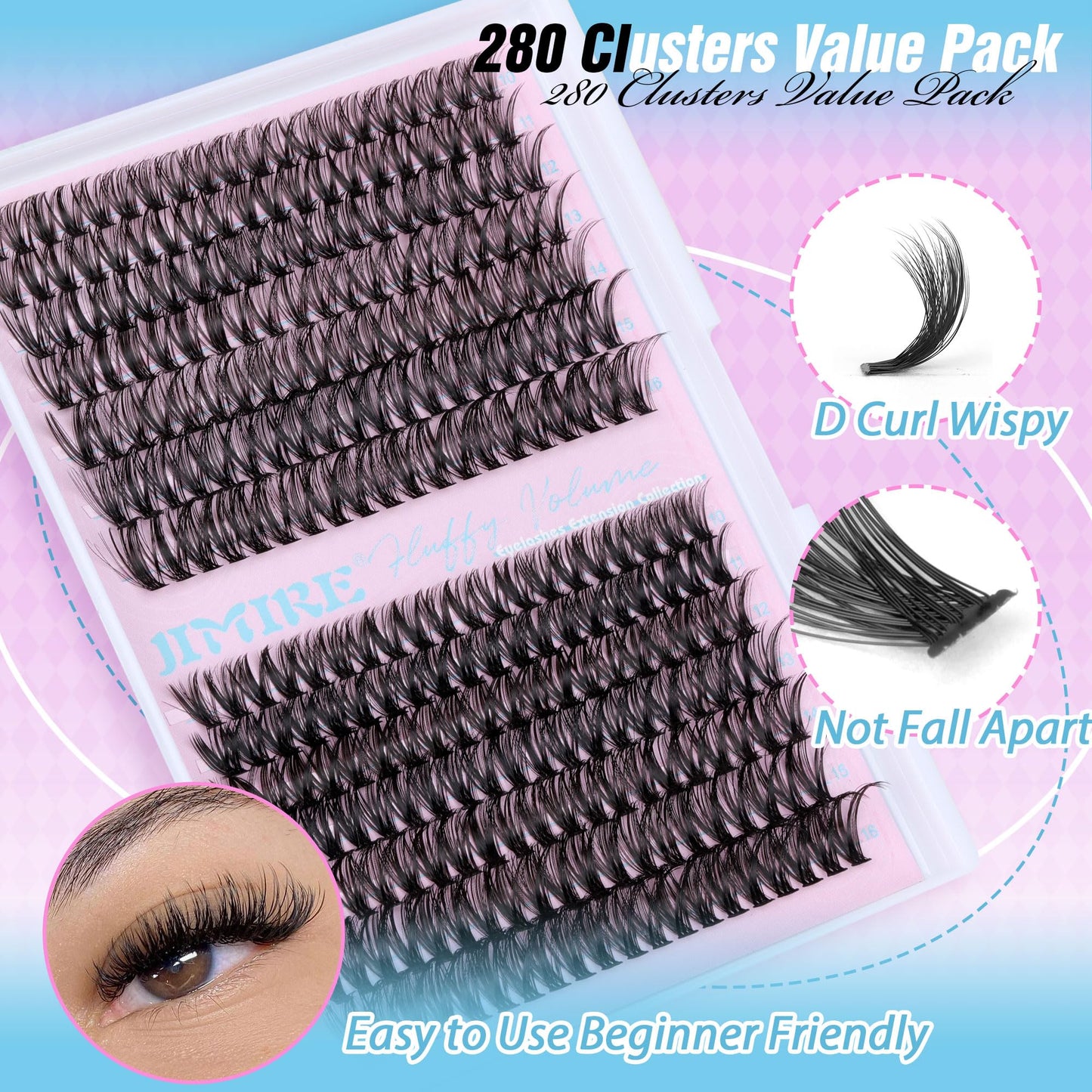 Fluffy Lash Clusters D Curl 40D+50D Volume Individual Eyelashes Thick Mink 280Pcs Lash Extension Clusters Wispy 10-16MM Mix Cluster DIY Eyelash Extension for Beginners Natural Cluster Lashes by JIMIRE