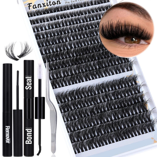 Lash Extension Kit Fluffy Lash Clusters 384pcs 8-20mm DIY Lashes Cluster with Lash Bond and Seal, Lash Cluster Remover and Tweezers Long Eyelashes Extension Kit by FANXITON