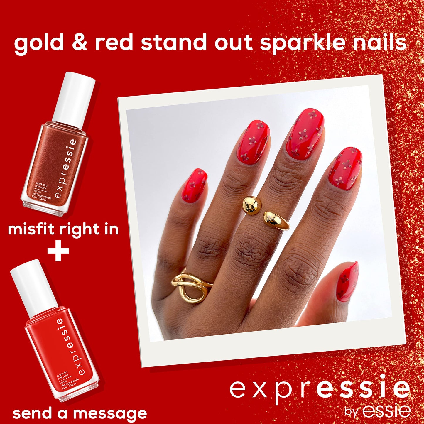 essie Expressie Quick-Dry Nail Polish Set, Gold + Red Standout Sparkle Nails, Send a Message + Misfit Right In, 0.33 fl oz each