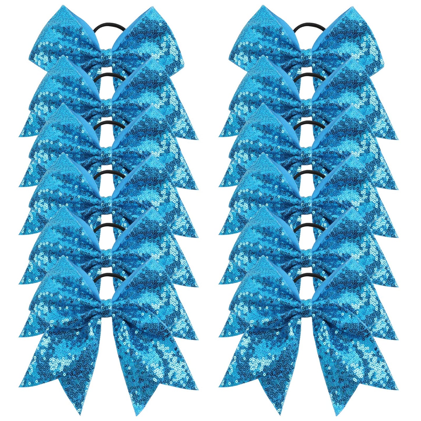 Oaoleer 12PCS 7" Large Glitter Cheer Hair Bows Ponytail Holder Elastic Band Handmade for Cheerleading Teen Girls College Sports (Sequin Lake Blue 12PCS)