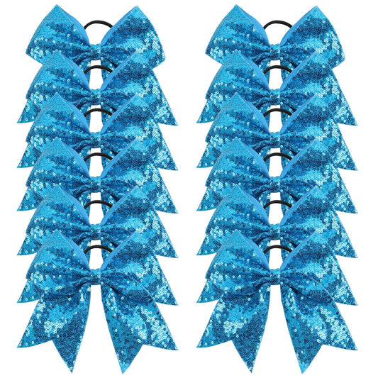 Oaoleer 12PCS 7" Large Glitter Cheer Hair Bows Ponytail Holder Elastic Band Handmade for Cheerleading Teen Girls College Sports (Sequin Lake Blue 12PCS)