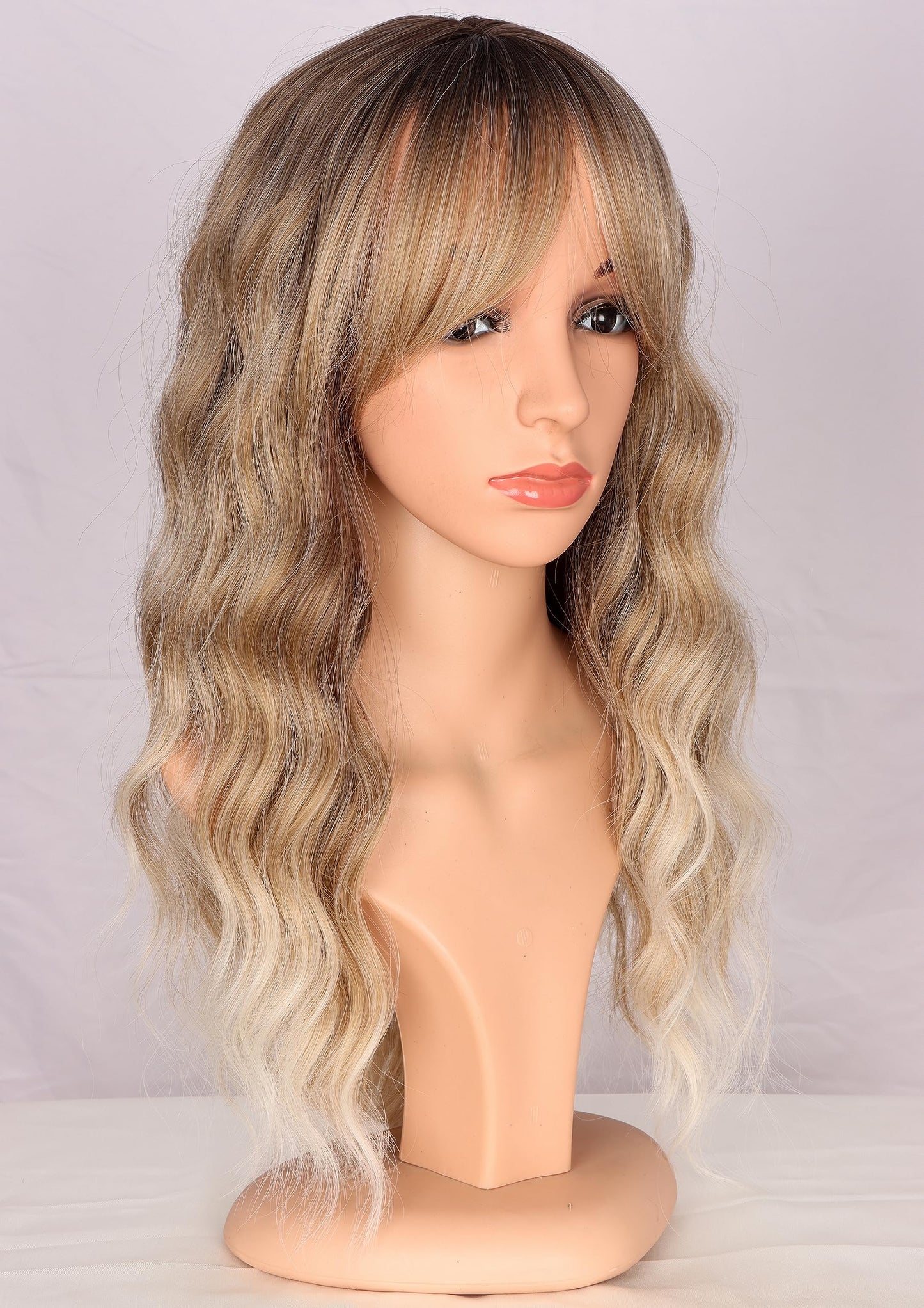 SYMEIW Ombre Dirty Blonde Wavy Wigs With Bangs For Women Medium Long Ash Blonde Wigs Synthetic Blonde Hair Replacement Wigs Daily Use Wigs 18 Inch （Dirty Blonde）