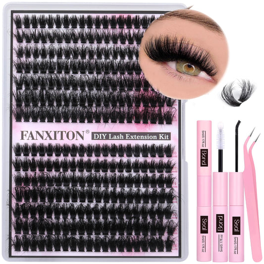 FANXITON Fluffy Lash Clusters with Lash Bond and Seal Waterproof, 10-18mm D Curl Volume Lash Extension Kit 280pcs Individual Lashes Lash Clusters Kit and Lash Tweezers Thick DIY Eyelash Extension Kit