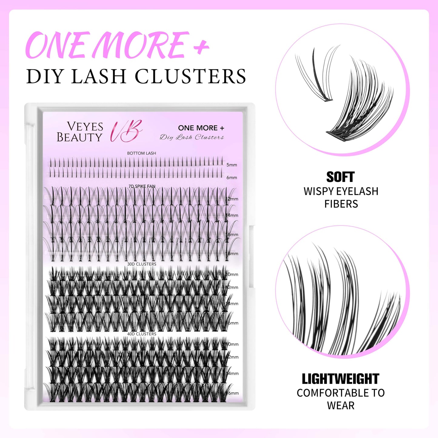 VEYESBEAUTY Lash Clusters Individual Lash Extensions One More+ DIY Multi-type Faux Mink Lash Tray Bottom, 7D Spike, 30D+40D Clusters Natural Eyelashes for Self Application