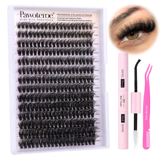 Pawotence Lash Extension Kit DIY Fluffy Individual Lash Clusters Kit 50D Curl with Lash Bond and Seal and Lash Applicator, 9-16mm Clusters Eyelash Extension Kit at Home (Fluffy 50D-9-16MIX KIT)